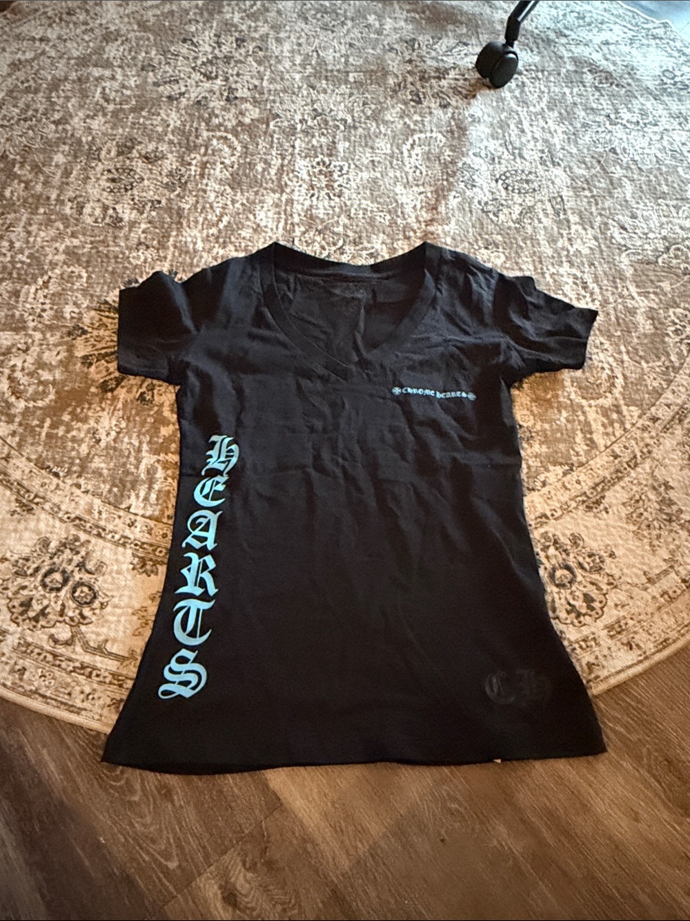 Chrome Hearts Black V-Neck Tee with Blue Side 'HEARTS' Script
